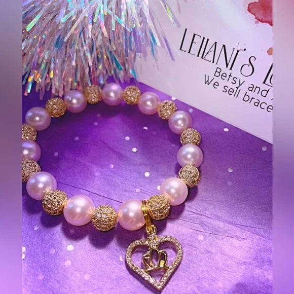 Pink pearl and gold rhinestone bead stretch bracelet/ 10mm pink pearls / - Picture 3 of 4